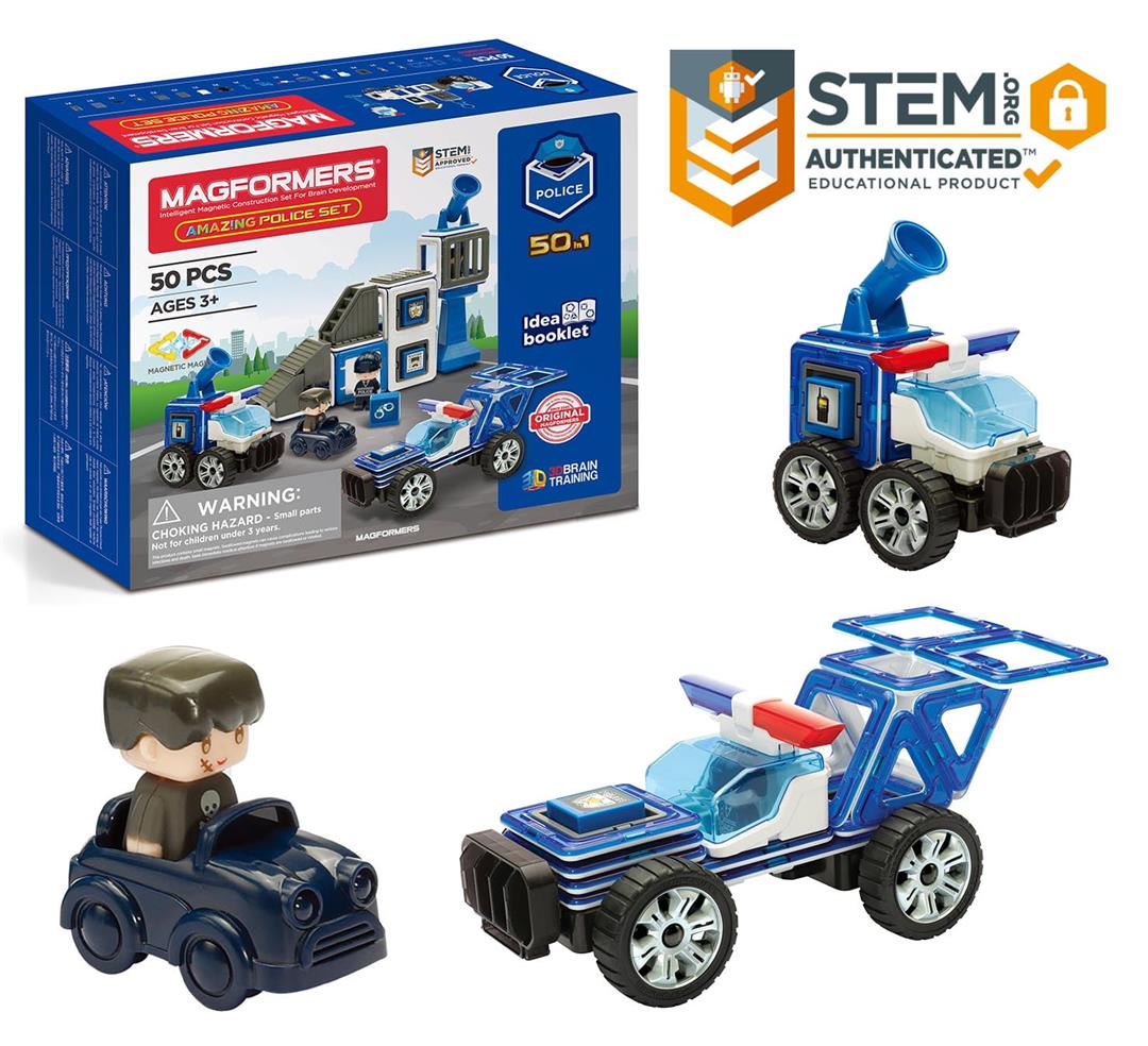 Magformers Amazing Police 50 Pieces, Wheels, Blue red colors, Magnetic Geometric tiles STEM Toy Ages 3+ - Image 4