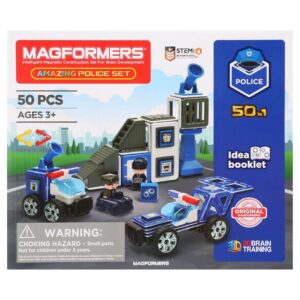 Magformers Amazing Police 50 Pieces, Wheels, Blue red colors, Magnetic Geometric tiles STEM Toy Ages 3+