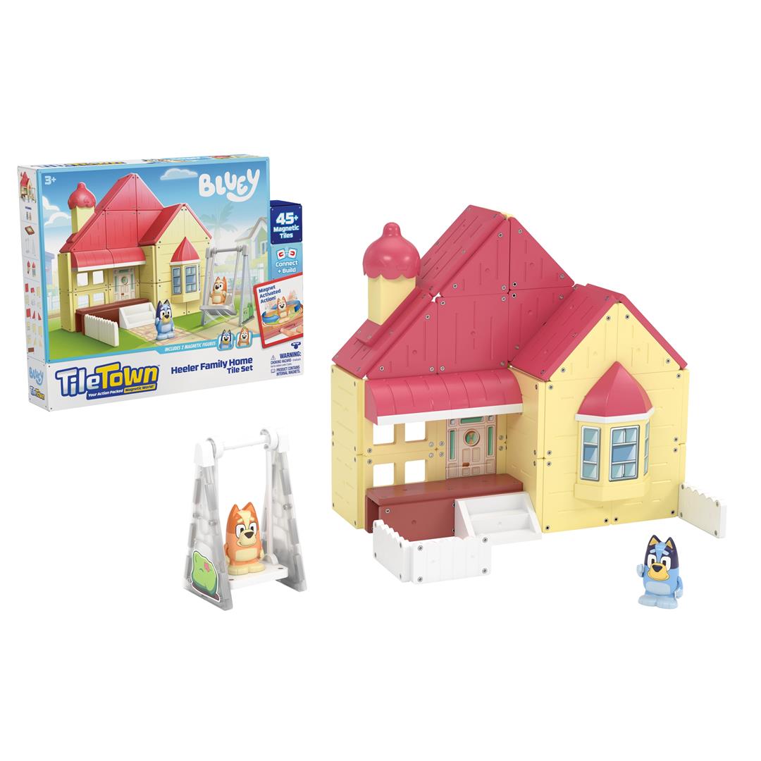 Tile Town Bluey Home Magnetic Tiles Construction Building Playset, Bluey and Bingo Figures, Ages 3+